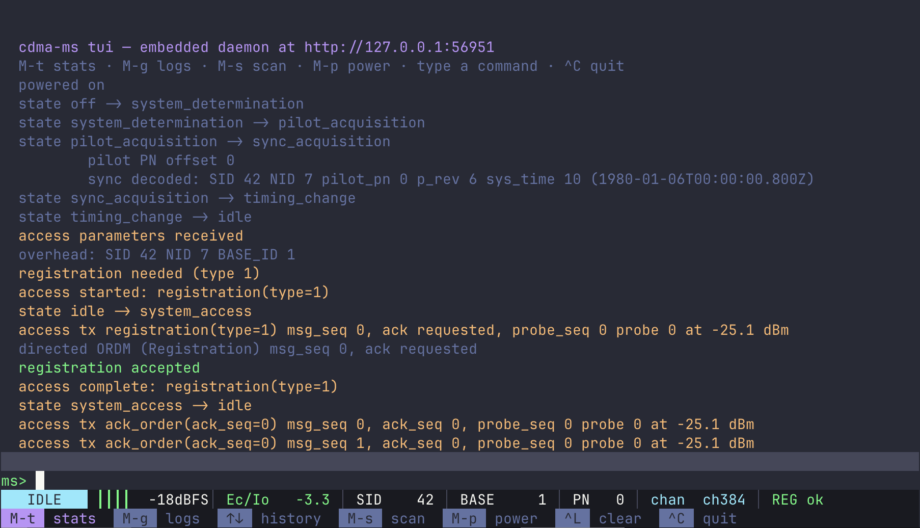 cdma-ms terminal UI showing acquisition and registration on a simulated cell